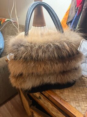 ML Leddys Brown Genuine Fur Mini Tote Bag with Black Leather Handles
